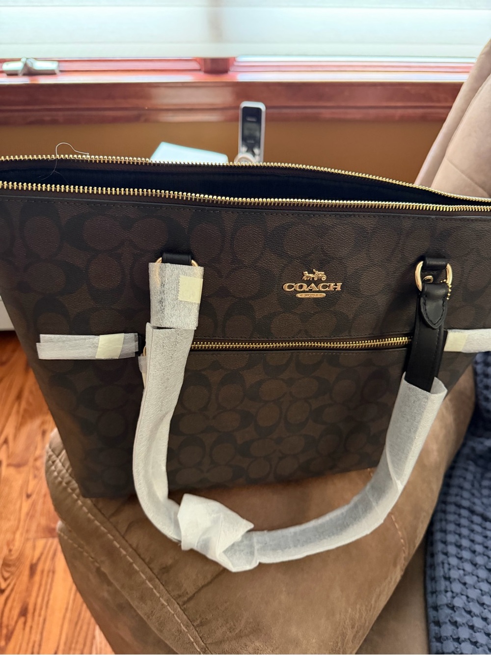 Coach Dark Brown Signature Monogram Tote with Gold Accents - Picture 3 of 3